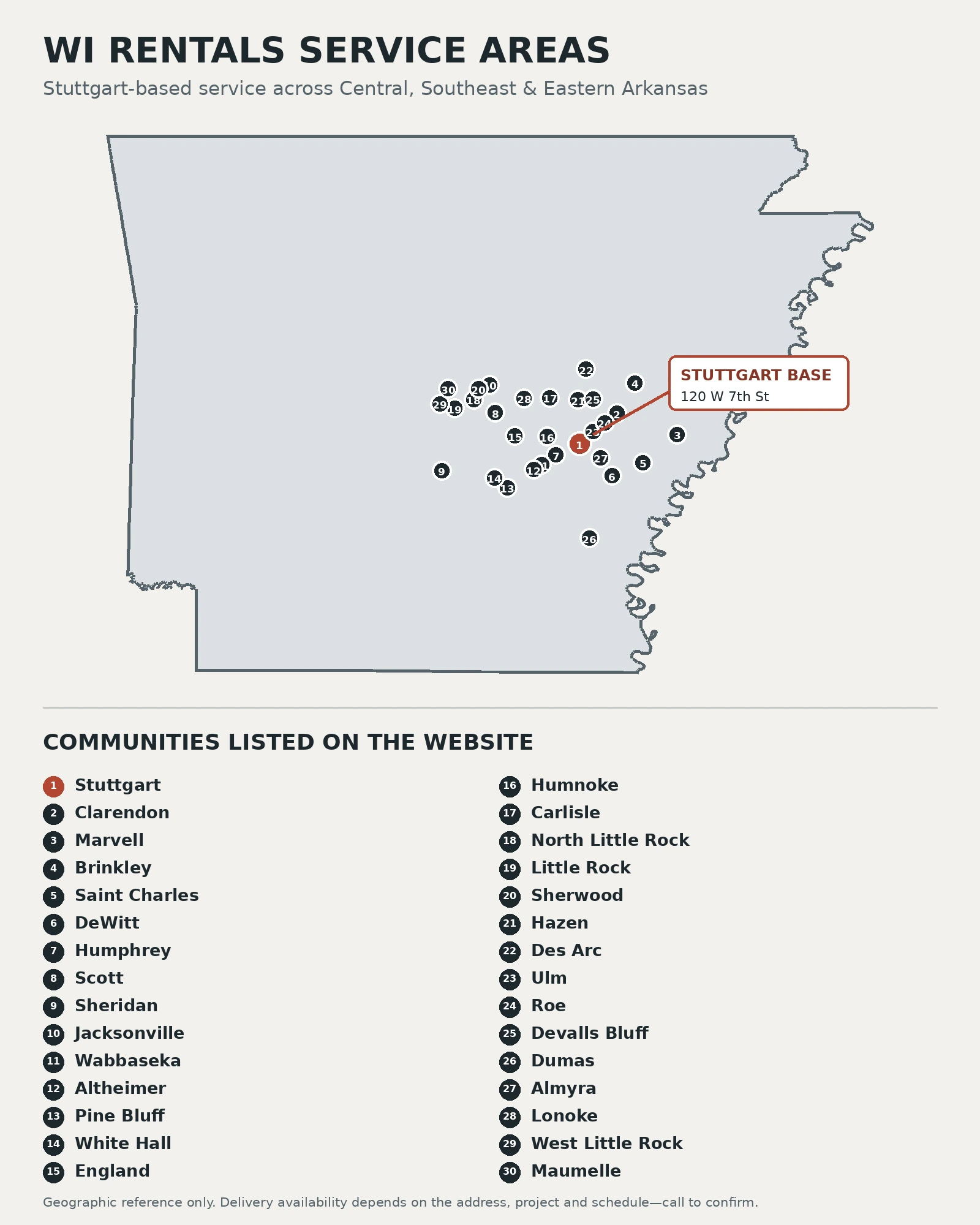 WI Rentals service locations across Central, Southeast and Eastern Arkansas Arkansas map showing every WI Rentals service-area city
